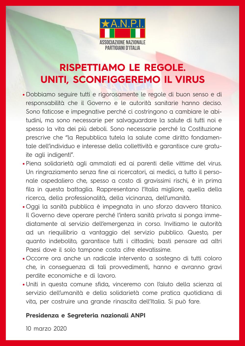 L'appello della Presidenza e della Segreteria nazionali ANPI sul coronavirus