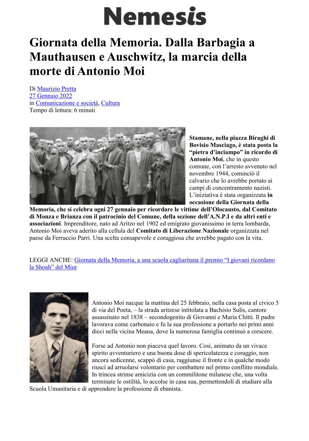 Articolo della testata NEMESIs in memoria del conterraneo Antonio Moi